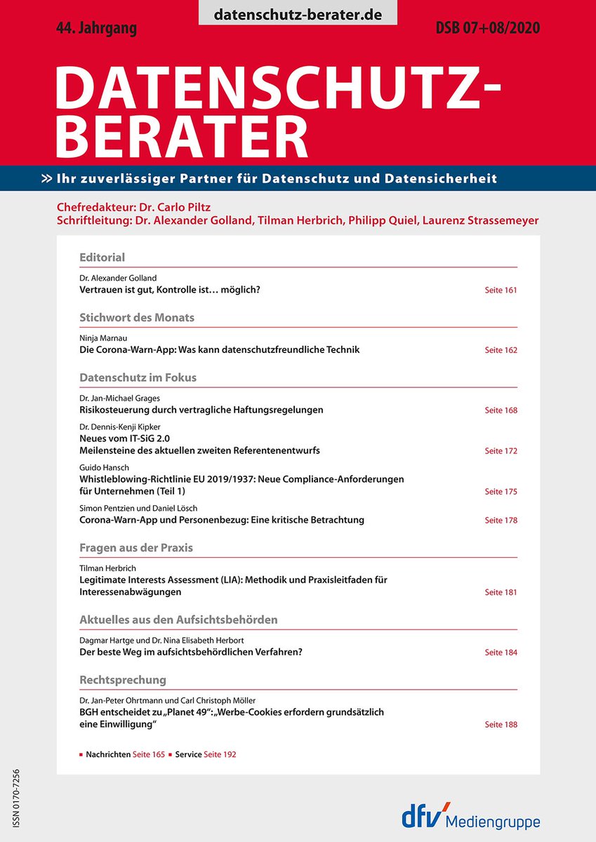 DSBerater's tweet photo. Das Heft 7/8 ist erschienen. Diesmal u.a. mit einem Beitrag der LfD Brandenburg / Herbort zum aufsichtsbehördlichen Verfahren; @Dennis_Kipker zum IT-SiG 2.0; @grages_jm zu Risikosteuerung durch Verträge; @GuidoHansch zur Whistleblowing-RL; @privacy__ninja zur Corona-Warn-App uvm https://t.co/6VdMUKabSv