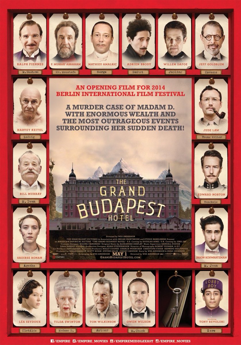 FilmMomatic's tweet photo. #NowWatching THE GRAND BUDAPEST HOTEL #WesAnderson #RalphFeinnes @TonyRevolori #FMurrayAbraham #AdrienBrody #WillemDafoe #SaoirseRonan #TildaSwinton @EdwardNorton #MathieuAlmaric #JeffGoldblum #HarveyKeitel #TomWilkinson #JudeLaw #BillMurray #JasonSchwartzman #LeaSeydoux https://t.co/ILspzMZsoe