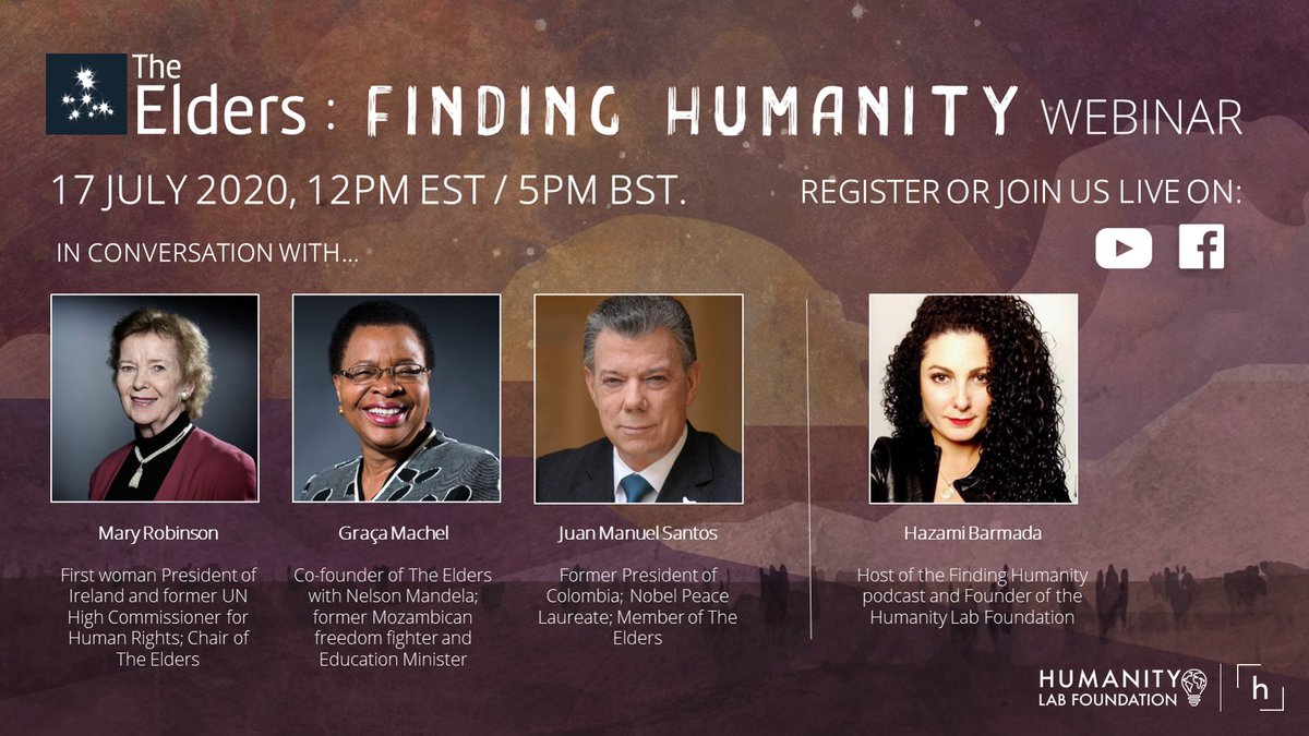 TheElders's tweet image. On 17 July, 12pm EST/5pm BST, join Mary Robinson, Graça Machel &amp;amp; @JuanManSantos as they speak with @find_humanity host @HazamiBarmada about #NelsonMandela’s legacy on the eve of #MandelaDay.

Register now: us02web.zoom.us/webinar/regist…

What questions would you like to ask the Elders?