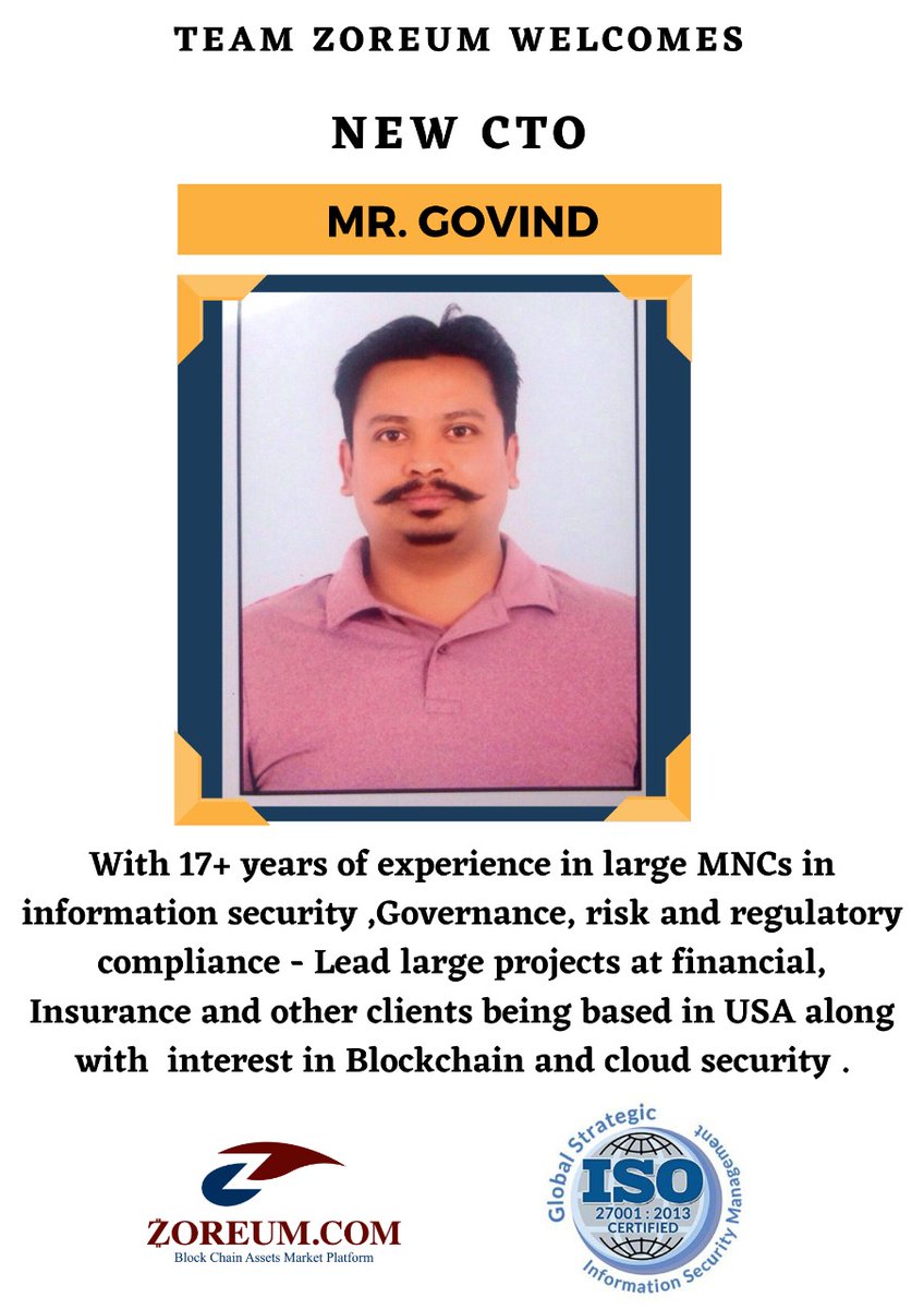 AsliMedicine's tweet photo. An important announcement!

Team Zoreum welcomes new CTO - Mr. Govind

We are thrilled to have you at our office. You’re going to be a valuable asset to our company and we can’t wait to see all that you accomplish.

All the best!

#Zoreum #CTO https://t.co/gIQJsNv4Mv
