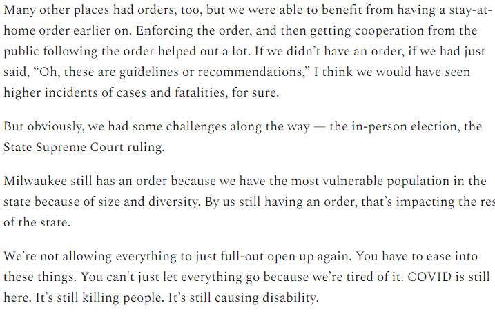 Plus: We talked about reopening, wearing masks, the city's pandemic response, community partners, why Wisconsin's death rate lower than other Midwestern states, more. "You can't just let everything go because we’re tired of it. COVID is still here. It’s still killing people."