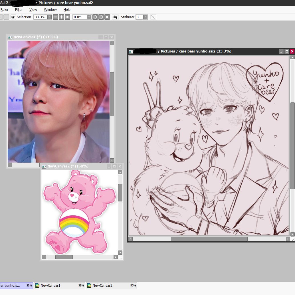 a....yunho wip...lol who would've thought I'd draw a care bear one day- I might change the size of his eyes later but this whole thing is gonna be full of pink hehe #yunho #wip 