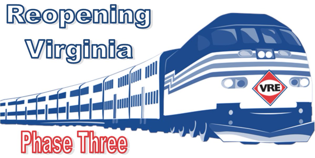 As VA enters Phase 3 today, VRE will continue to run a “S” schedule and employ measures to protect riders’ health/safety. They include requiring facial coverings, encouraging social distancing, using enhanced cleaning practices, and recommending the use of VRE Mobile.
