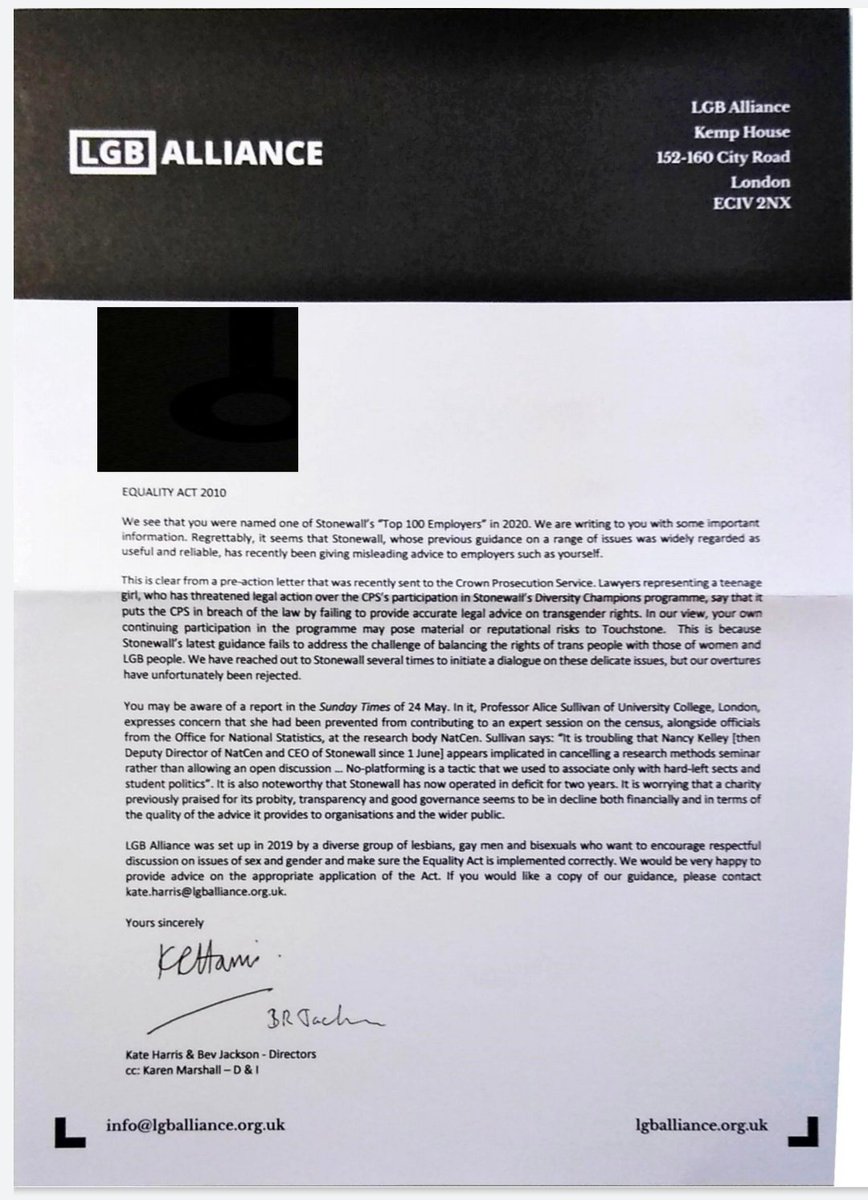 In a completely unprofessional move, the LGB Alliance have been emailing the Stonewall100 Charities to tell them NOT to support  @stonewalluk - This is the LGB Alliance who has done NOTHING, not 1 thing for LGB people, they only attack trans folks. It's a hate group.The letter:  https://twitter.com/adambeyoncelowe/status/1278224085357658112
