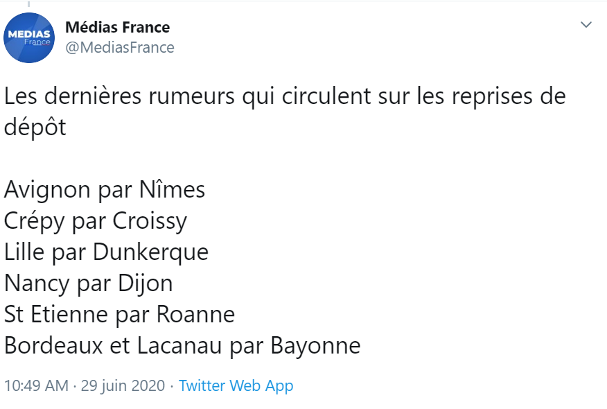 Concernant les dépôts / mandats

Déploiement des nouvelles situations :
5/7 : Fréjus, Périgueux, St-Etienne, Paris
19/7 : Lille, Nancy, Toulouse
26/7 : Ajaccio, Crépy

#PRESSE