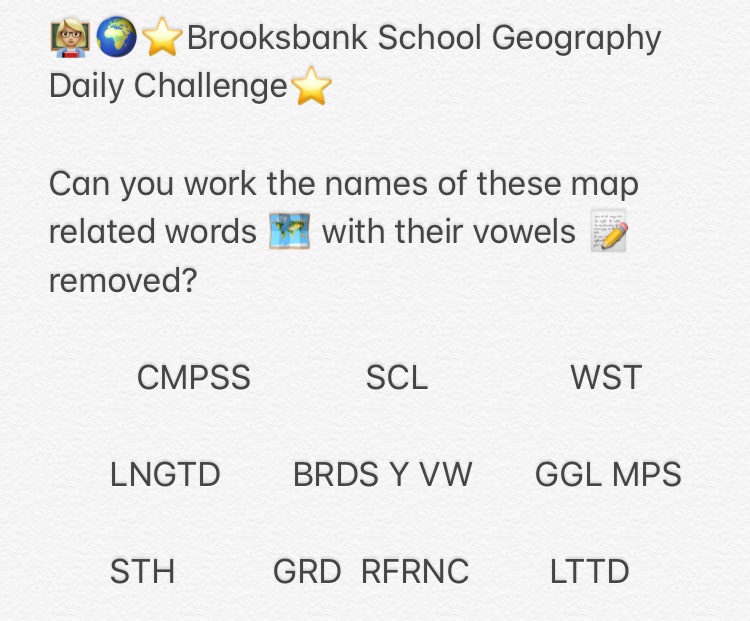 bbsgeography's tweet image. 👨🏽‍🏫🌍⭐️TODAY’S GEOGRAPHY CHALLENGE⭐️ Can you work out these map related words in the image here? The problem is they have had their vowels removed! 😀 Drop your answers below&amp;amp;please #RT! 🙋🏽‍♀️🙋🏻‍♂️ #UK #BBSMapWeek #Mapping #English #Maps #School #Geography #HomeSchoolUK #HomeSchool
