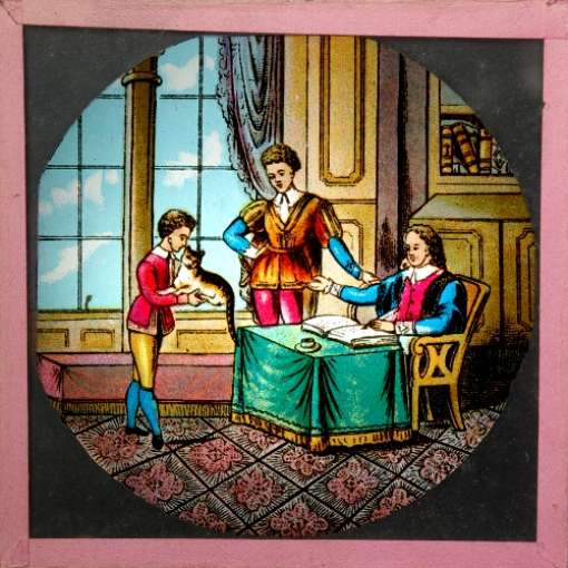 RAMMuseum's tweet image. We’re looking at a domestic space for #MuseumsUnlocked with a magic lantern slide showing inside a house from the tale of Dick Whittington #MagicLanternSlides #cats swcollectionsexplorer.org.uk/user-collectio…