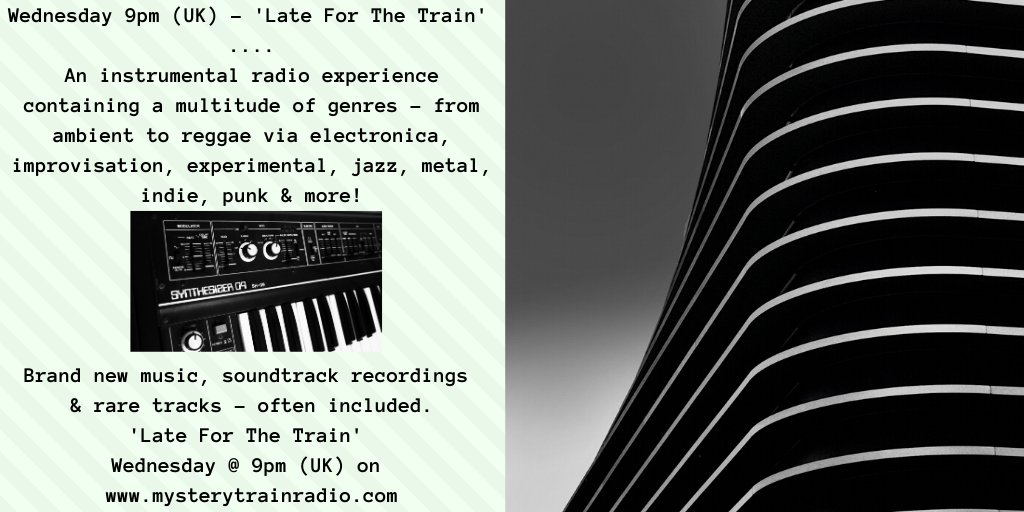 MTrainRadio's tweet image. 'Late For The Train' departing platform 170 tonight!

Join Dave &amp;amp; Mike 9PM (UK) for the best in #instrumental music from multiple genres - inc. music from #LukeSchneider @blackknoll #EdwardCross &amp;amp; #Sprectrum.

Listen @ mysterytrainradio.com/listen + @tunein - tunein.com/radio/Mystery-…