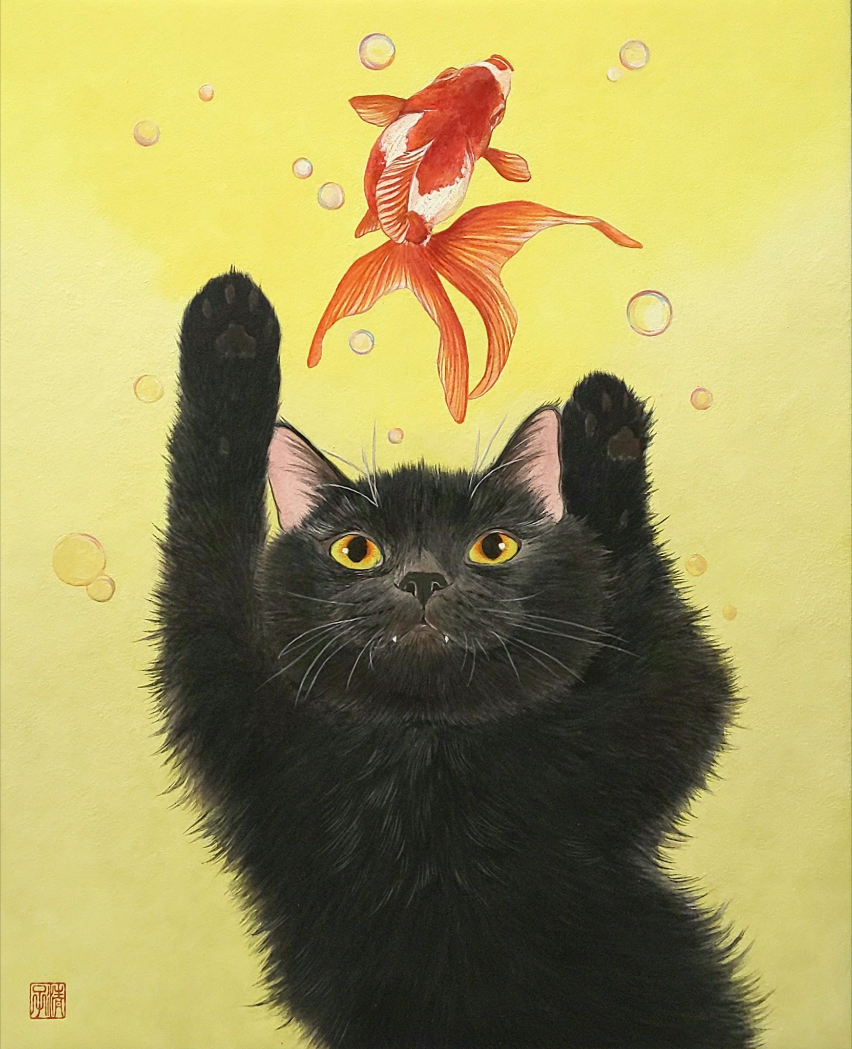 日本画 猫と金魚 原画