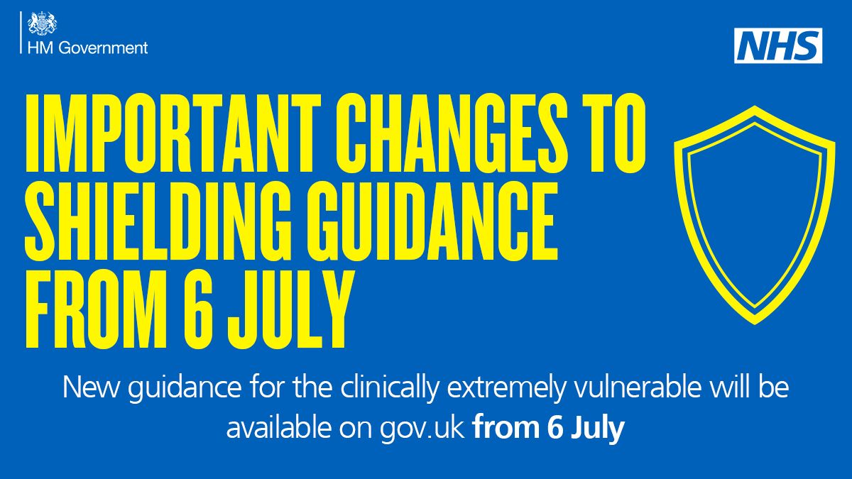 From Monday 6 July, shielding guidance for millions of clinically extremely vulnerable people in England will change.

• You can spend time outdoors in a group of up to 6 people.

More info: 📰 buff.ly/2CwdeBE