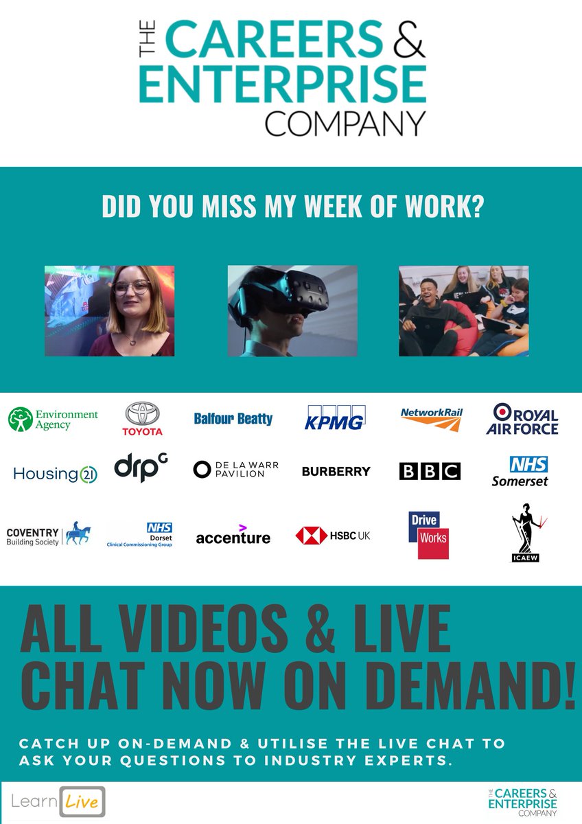 LearnLiveUK's tweet image. FANTASTIC NEWS!

Our My Week of Work videos are now available on-demand!

If you missed ANY of our videos, catch up below:

learnliveuk.com/my-week-of-wor…

@CareerEnt #MyWeekOfWork
