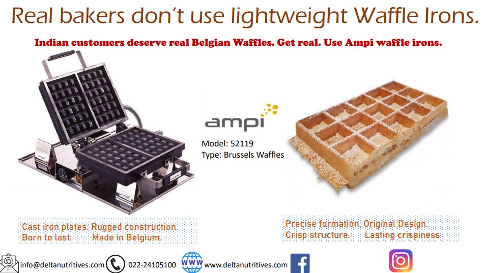 DNutritives's tweet photo. Light weight #waffleirons will never give you authentic waffles.
The Indian customer deserves real #BelgianWaffles. Give them real, go for Ampi waffle irons.
To know more about these long lasting #castiron machines from #Belgium, DM us.
#DeltaNutritives #WaffleMachine #Ampi https://t.co/kZ0YKIYTqN