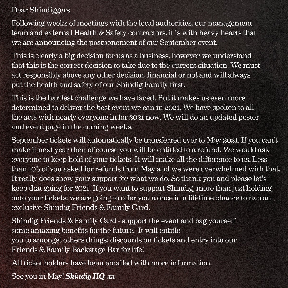 shindigfestival's tweet photo. Howdy Shindiggers, Please see our statement about the proposed September event xx https://t.co/FaZqldk2IJ