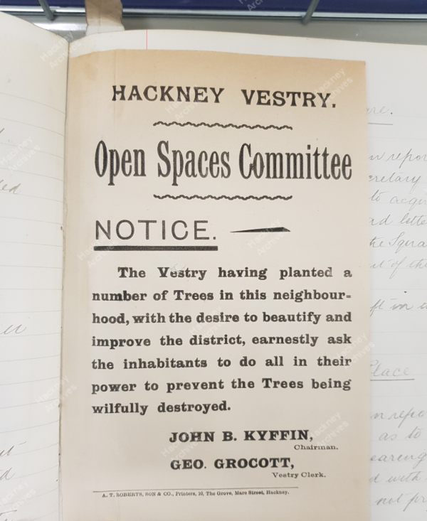 ArchivesHackney's tweet photo. Local authorities have been working towards making Hackney greener for over 100 years! 

This flier, created by St John at Hackney Vestry in 1898, 'earnestly' reminded locals to look after the trees planted with the 'desire to beautify and improve the district'🌳🌲 https://t.co/mKdHPe9vML