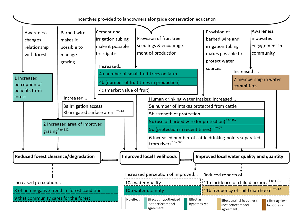 One (of many) criticisms of RCTs is they don’t given insights into WHY an intervention works (or doesn't). However by evaluating intermediate outcomes across the whole theory of change, we get insights into mechanisms (3/14)  https://conbio.onlinelibrary.wiley.com/doi/full/10.1111/cobi.13508