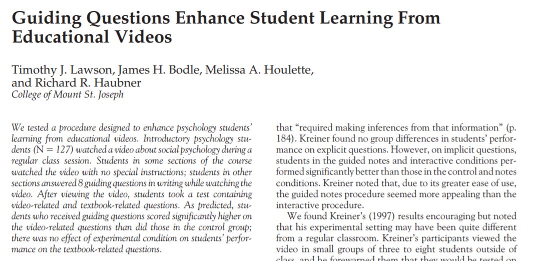 Guiding  #Questions Enhance  #Student  #Learning From #Educational  #Videos  https://journals.sagepub.com/doi/pdf/10.1207/s15328023top3301_7 #JournalArticle  #TriggerQuestions