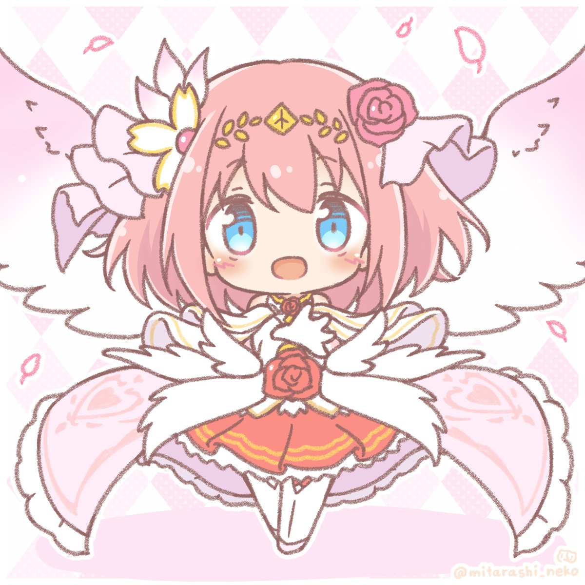 yui (princess connect!) 1girl solo pink hair flower red flower blue eyes hair flower  illustration images