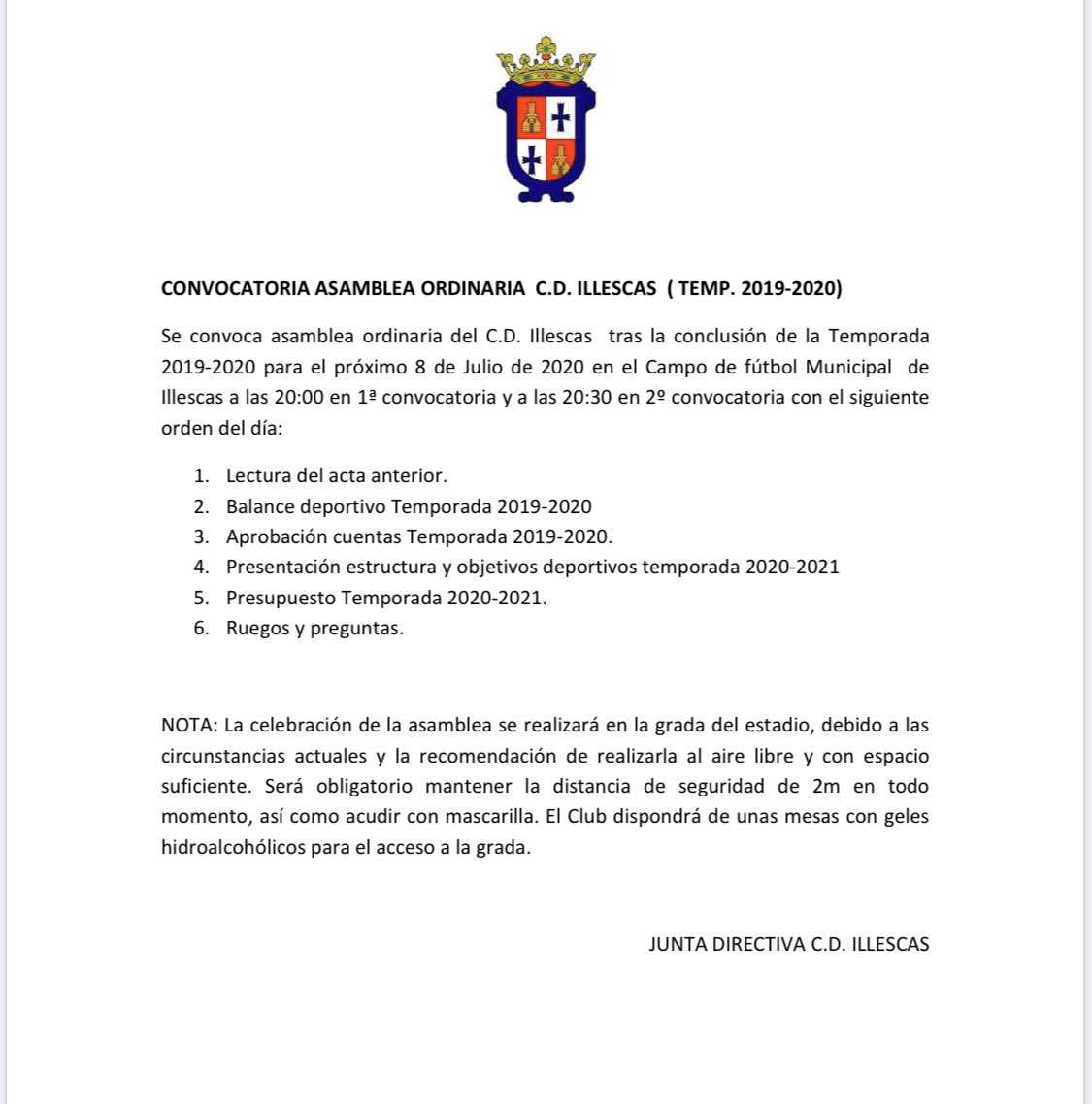 ‼️COMUNICADO I El próximo miércoles 8 de julio se celebrará la Asamblea Ordinaria del club.

🏫: Gradas del Estadio Municipal de Illescas.
⏱: Primera convocatoria: 20:00 h y en segunda convocatoria: 20:30 h.
⚠️ Obligatorio el uso de mascarilla y distancia social 

¡Te esperamos!