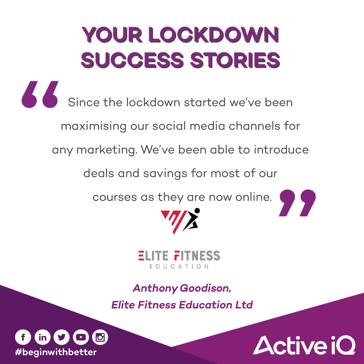 Active__IQ's tweet image. Active IQ is delighted to see how our approved centres are continuing success during the UK lockdown. It’s great to see how @elitefitnessed have adapted their delivery model. Click here to read the full testimonial drive.google.com/file/d/1YxrTqL…
#Beginwithbetter #deliverymethods