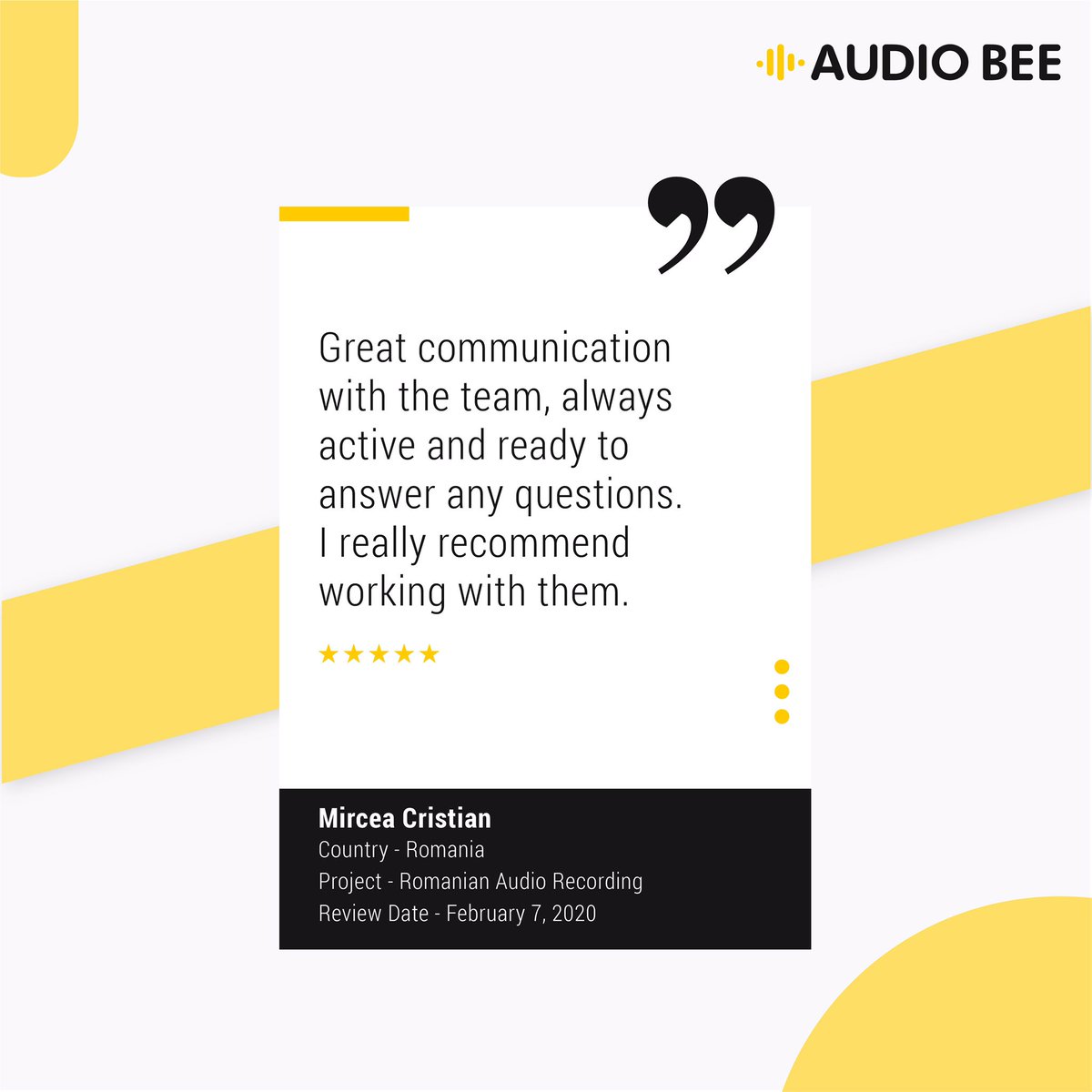 AudioBee2's tweet photo. What do our employees say about working at Audio Bee? 🐝
#audiobee #remotework #workfromhome #workculture #teamwork https://t.co/jqCUhzMNGO