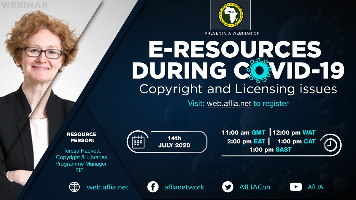 AfLIACon's tweet photo. Register now and join us on 14th July 2020 at 11am GMT, as we delve deeper with Teresa Hackett, Copyright &amp; Libraries Programme Manager | EIFL, in a webinar titled "E-Resources during #COVID19: copyright and licensing issues". 

Learn more and register: https://t.co/iRsq3gqcqN https://t.co/xNlHwp8IQv