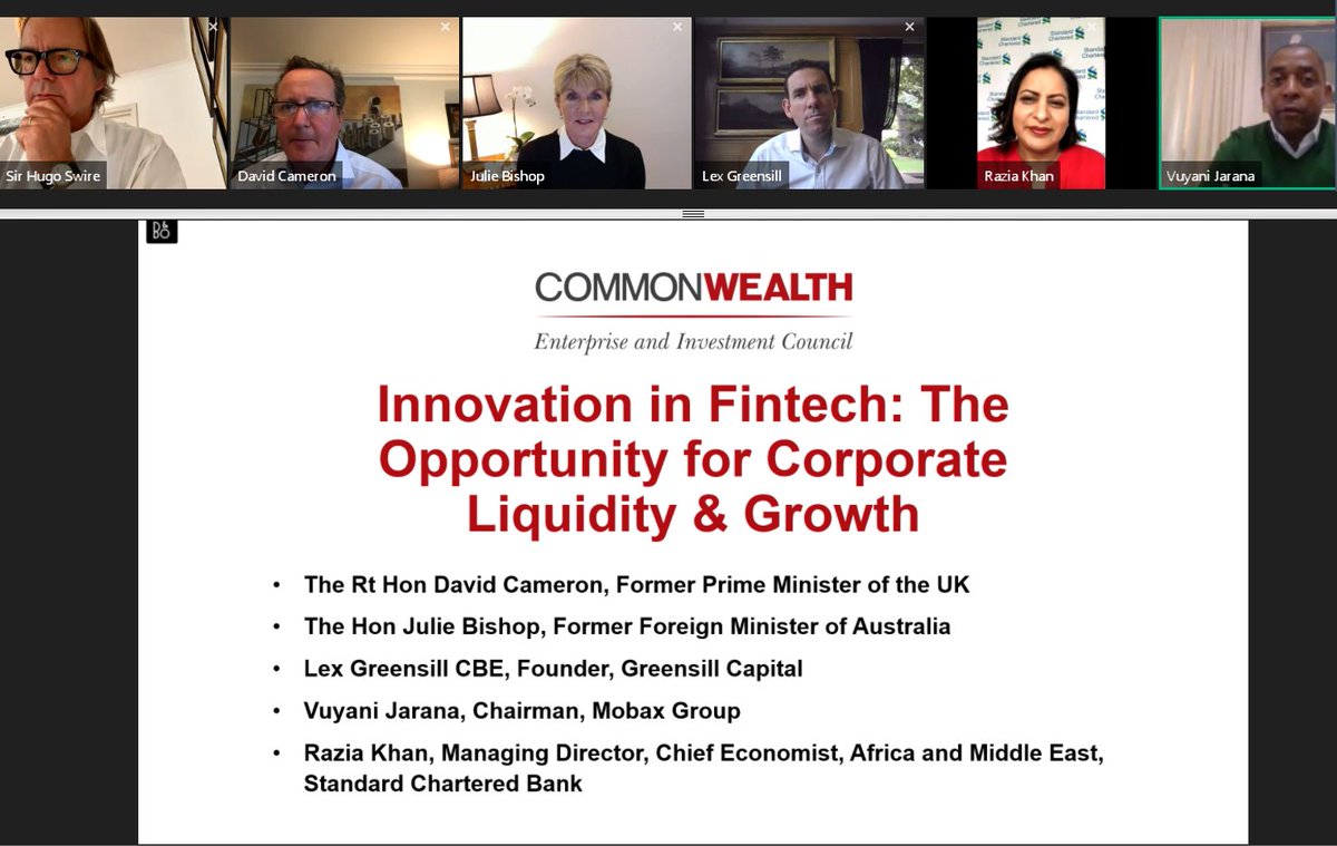 CWEICofficial's tweet photo. Delighted to welcome @David_Cameron to launch our #Commonwealth Leadership Webinar Series with an insightful panel discussion on innovation in #fintech and #supplychain finance 

@raziakkhan @GreensillCap @StanChart https://t.co/9wBjSuSGfs