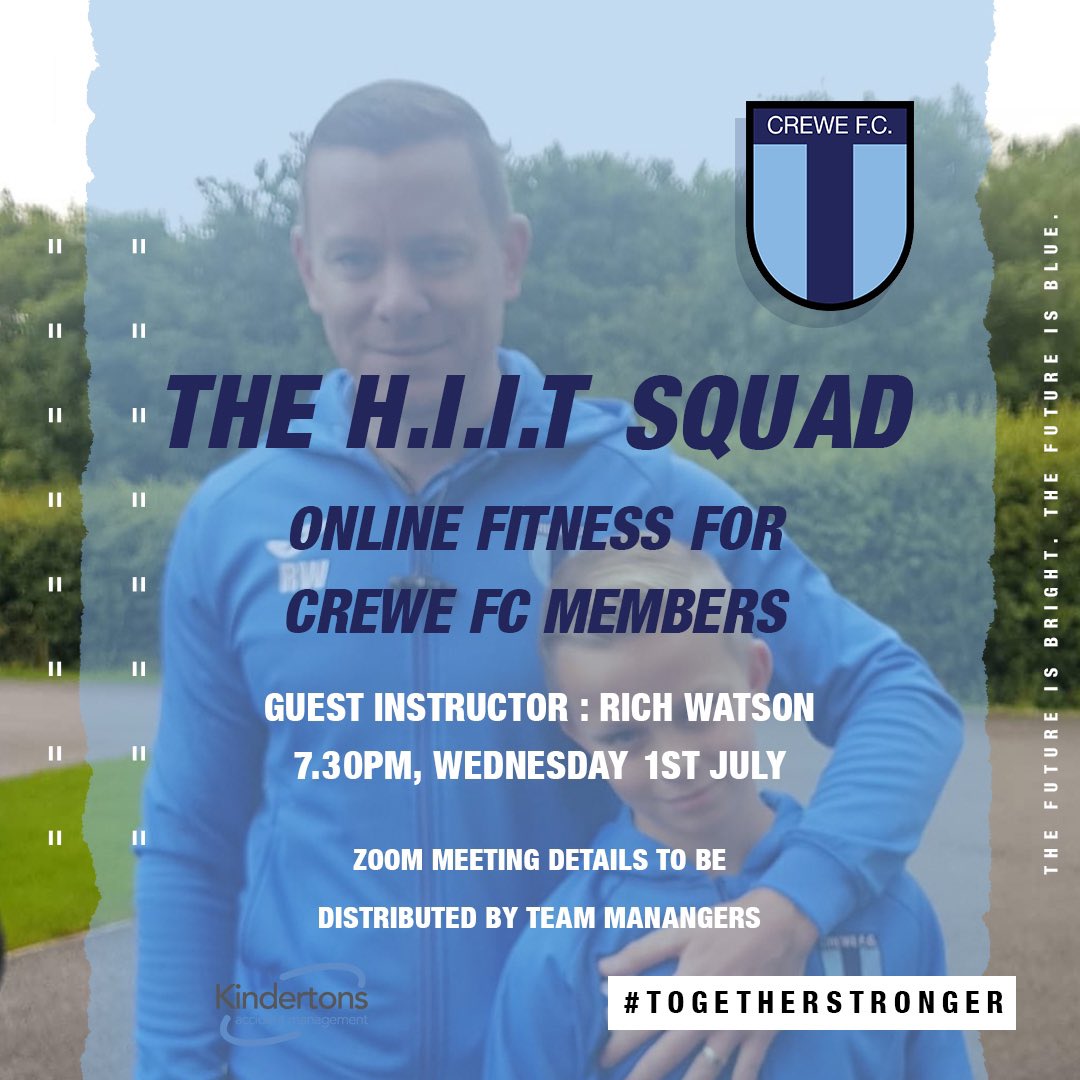 CreweFC's tweet photo. WATS ON THIS EVENING??
@rickw_y2k is on, that’s who!
Our U10 Manager & Foundation Phase Coordinator is back hosting our online H.I.I.T session this evening!
👋🏻 See you all there!
🕢 7.30pm on Zoom
#TogetherStronger #HIITSquad https://t.co/Fe3t7pHIIg