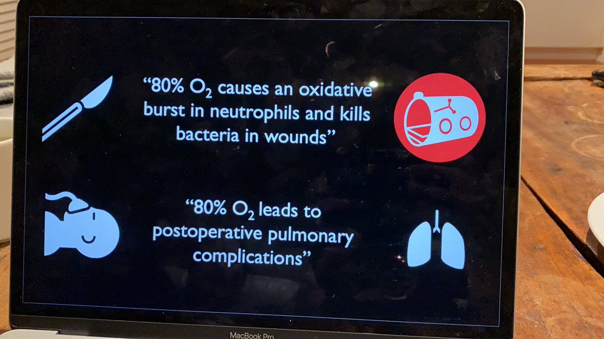 Advocate 80% O2: bad for bacteria. Pulmonary complications? Breathing 100% atelectasis. Oxidative stress may be the mechanism- over time leads to fibrosis.  #EBPOMLondon2020