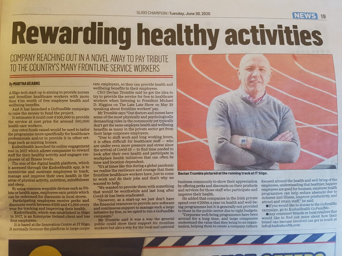 KudosHealth's tweet photo. Great to get more press coverage on how we aim to thank &amp; support Healthcare staff by helping them stay fit &amp; healthy. thanks @SligoChampion @Independent_ie 
Show your support https://t.co/4z4xqewRfM https://t.co/IegR8giBEy