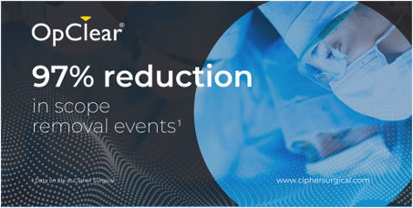 Cipher_Surgical's tweet photo. Procedures completed with OpClear reported a 97% reduction in scope removal events¹. Learn more about the benefits of the OpClear platform at https://t.co/Lo8nNEZY5M #continuousvision #claritycontrolcontinuity https://t.co/U526cdbFtR