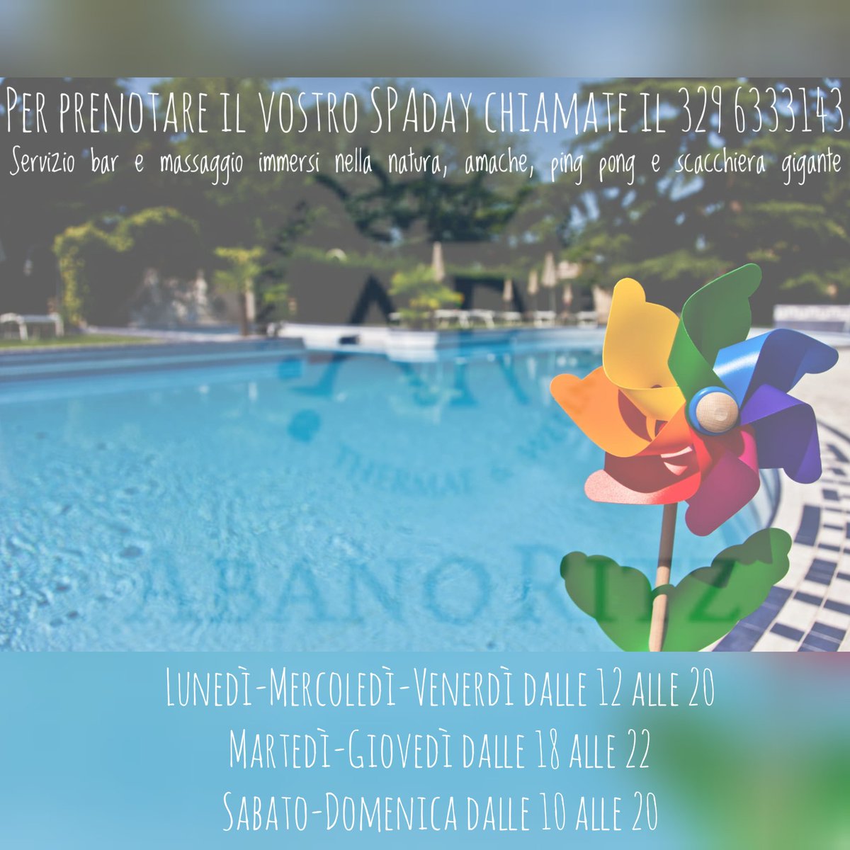 🤩 Le nostre piscine sono finalmente aperte a tutti. 🏊‍♀️ Per qualsiasi info e per le prenotazioni potete contattare il 3296333143. 📞

👉 Bambini gratuiti fino i 6 anni e sconti speciali per chi segue i protocolli termali e per i nostri clienti abituali. 🤗