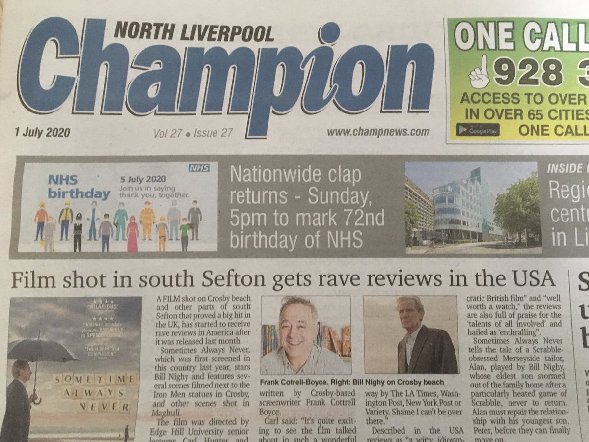 Big thanks to <a href="/champnews/">Champion Newspaper</a> for putting <a href="/Sometimesmovie/">SometimesAlwaysNever</a> on the front page. @HurricaneFilms <a href="/frankcottrell_b/">Frank Cottrell-Boyce</a> <a href="/Sefton2020/">Sefton Borough of Culture 2020</a> <a href="/seftoncouncil/">Sefton Council</a>