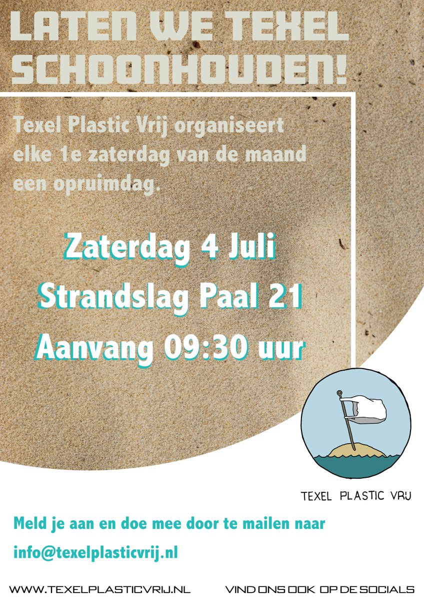 TexelV's tweet photo. Zaterdag 4 Juli gaan we weer op pad voor een #strandopruimdag.
We verzamelen om 09:30 bij @Strandpaviljoen 21 #Texel.
Dan gaan we het strand op om zo veel mogelijk #plastic en ander afval mee te nemen. We laat het strand blij en opgeruimd achter! 

Ga je mee?

#PlasticFreeJuly https://t.co/r1iVTUR5Ij