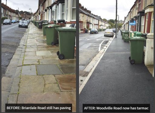 Final steps. Tell local residents, because of this terrible neglect, they can’t have their existing nice streets. Like it’s someone else’s fault/responsibility?! Then rip them all up & replace with tarmac! Jobs a good un and hi-ho bollocks to character!  #shitscape  #streetscape