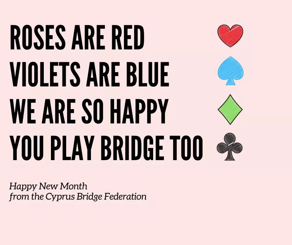 cyprusbridge's tweet photo. Happy #July from the Cyprus Bridge Federation !!
♠️♥️♦️♣️
#cyprusbridgefederation #bridge #bringingbridgeback #bepartofthegame #HappyNewMonth https://t.co/IixicYXrxr