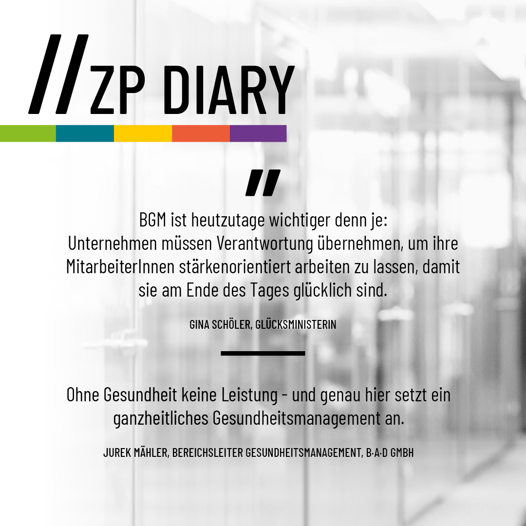 // ZP Diary
Wieso es sich für #Unternehmen mehr als lohnt, in die #Gesundheit der #Mitarbeiter zu investieren, hören Sie im spannenden Talk mit #Glücksministerin Gina Schöler und #BGM Experte Jurek Mähler @BADGmbH: bit.ly/2VwZyg7 #ZP365