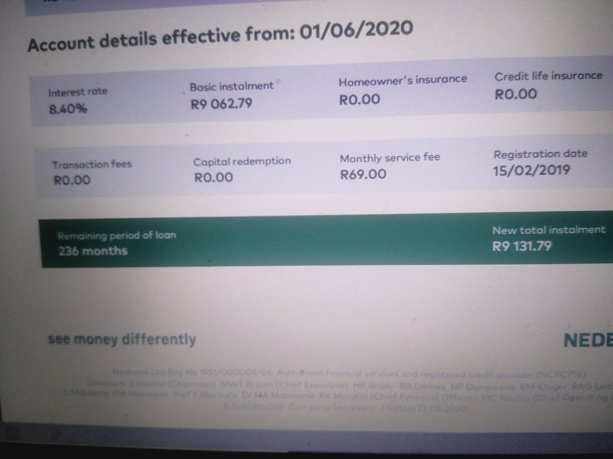 Only 3 months payment holiday was asked while 236 months was left on the bond. Nedbank added 17 more months. 253 months to pay which mean by taking payment holiday of 3 months Nedbank added 17 more months. That's almost 2 years.