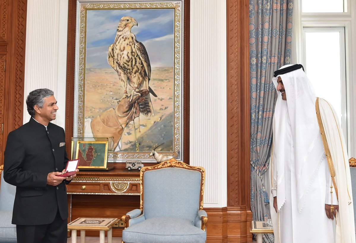 HH the Amir met with HE Ambassador of India in Qatar who called on HH to greet him on the occasion of end of his tenures in the country , HH granted the Ambassador Al Wajbah Decoration in recognition of his roles in enhancing relations between Qatar and his country.#QNA