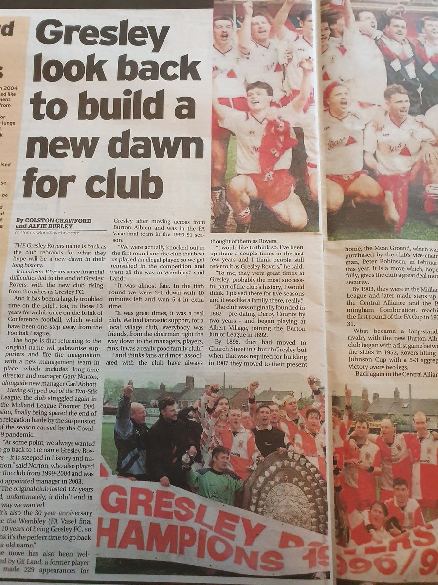 AlfieBurley's tweet photo. ✍ Article on Gresley's name change with quotes from Gil Land on a double page spread in the Derby Telegraph. Thanks to .@CCrawfordDT for helping me out with it.
.@GresleyRovers .@UoDFootyJournos
#GresleyFC https://t.co/STOUr5hIsO