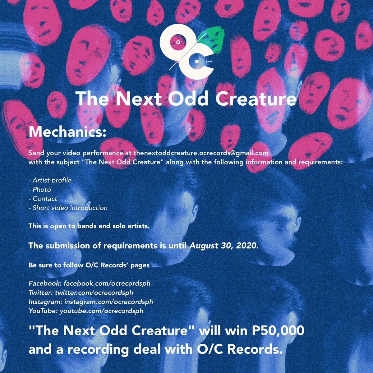 Be "The Next Odd Creature" and win P50,000 plus a recording deal with O/C Records. EyeSparkles

Just send us your video performance at thenextoddcreature.ocrecords@gmail.com with the subject "The Next Odd Creature" 

This is open to bands and solo artists