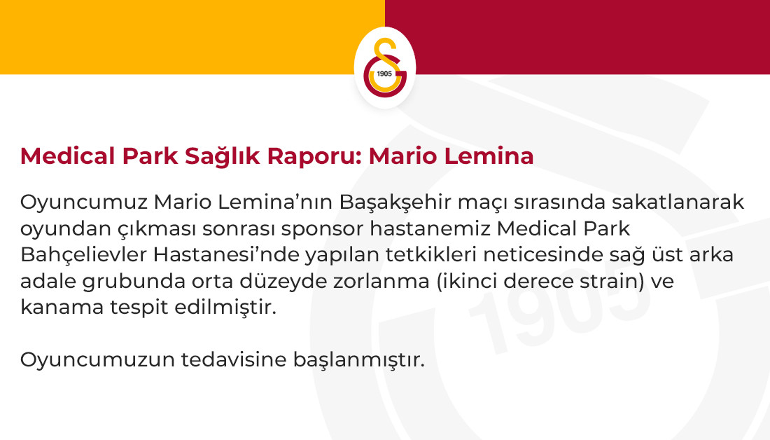 GalatasaraySK's tweet photo. Medical Park Sağlık Raporu: Mario Lemina https://t.co/3f2DSqHhE8