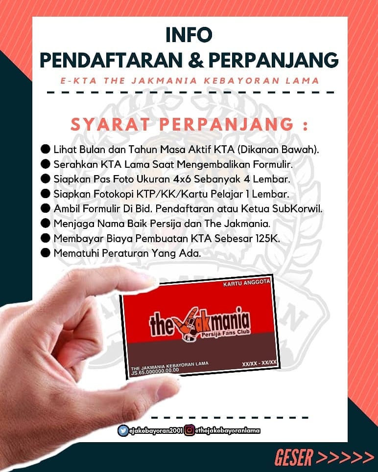 Jakebayoran65's tweet photo. Assalamualaikum !
Mengingatkan kembali untuk pendaftaran e-KTA beserta perpanjang masa aktif e-KTA sudah dibuka. Formulir KTA dapat diambil di beberapa Sub/Zona Wilayah yang sudah tertera di dalam pamflet, serta melengkapi persyaratan yg diperlukan.
#BanggaberKTA #JS65 #persija https://t.co/av233T3Kgs