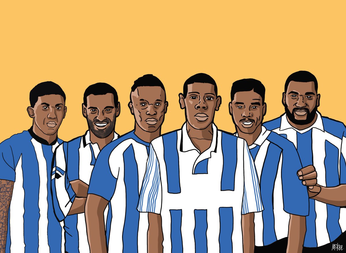 ‘Wednesday Boys’ featuring Liam Palmer, Mark Bright, José Semedo, Carlton Palmer, Des Walker, Réda Johnson. ‘I felt compelled to create this image to celebrate some of the black players who have played or still play for my beloved club Sheffield Wednesday...