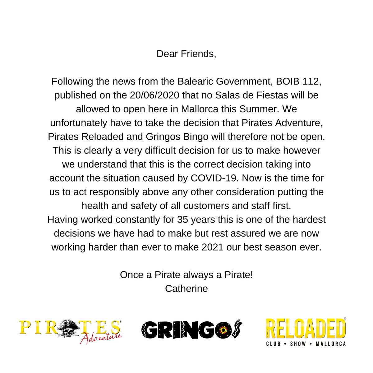 PiratesMallorca's tweet photo. IMPORTANT ANNOUNCEMENT 
If you have a booking for summer 2020 please contact us via email at customerservices@globobalear.com and our team will help you with the options available. https://t.co/GpZrMRJqpZ