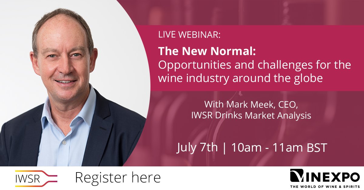 TheIWSR's tweet image. IWSR presents “The New Normal: Opportunities and challenges for the #wineindustry around the globe”, a LIVE #webinar in association with @Vinexpo. Join IWSR CEO Mark Meek - Tuesday 7th July, 10am BST. Register here: bit.ly/3inpeWG
#Vinexpo #wine #alcohol #alcoholindustry