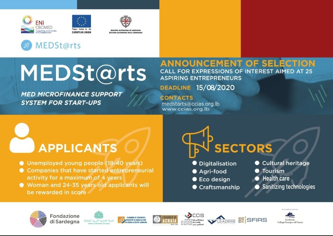 ‼️ The <a href="/MEDStrts1/">MEDSt@rts</a> CALL FOR EXPRESSIONS OF INTEREST is now open

<a href="/MEDStrts1/">MEDSt@rts</a> funded by #EU under @ENICBCMed , aims to support aspiring entrepreneurs and small businesses

for more information and applying:
🔗bit.ly/3dMni6f

Deadline 15/08/2020 at 12:00am

#GOMED #Lebanon