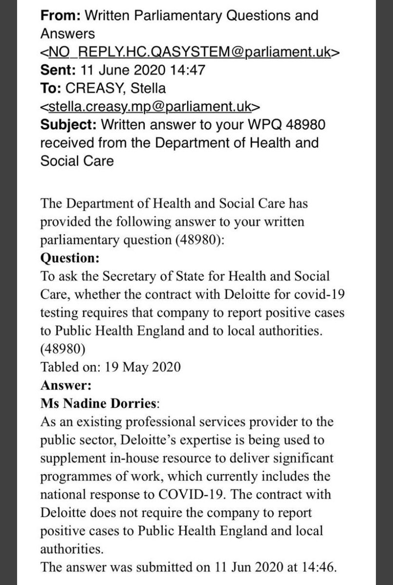 34/. It wasn’t Data Protection stopping testing info going to councils. The requirement wasn’t in the contract!"The contract with Deloitte doesn’t require the company to report positive cases to PHE & local authorities." @NadineDorries email to  @stellacreasy via  @justinmadders