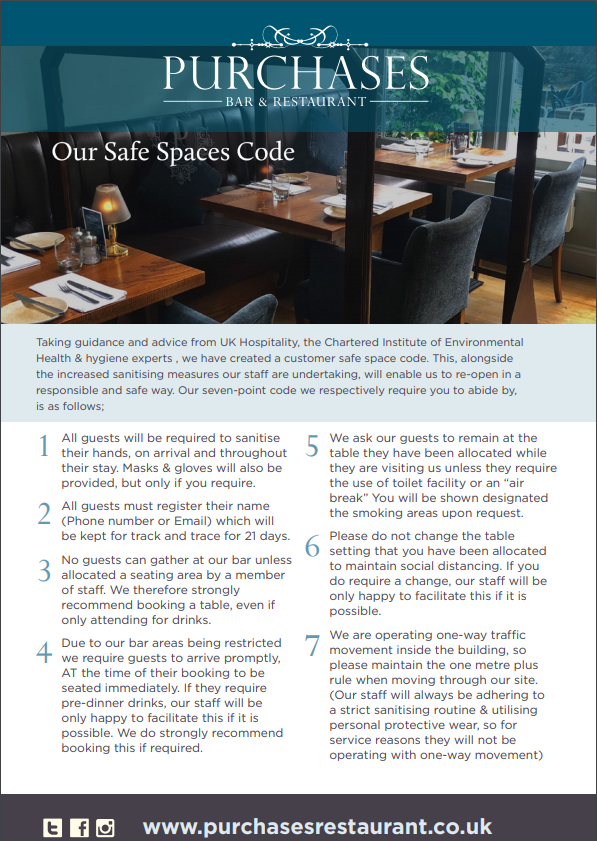 Please take the time to read our safe space code.
We really can't wait to see you all!
We have reached our capacity Saturday night for drinkers &amp; diners. Please email enquiries@purchasesrestaurant.co.uk to be added to our cancellation list. 
#Chichester #FlatOut #WestSussex