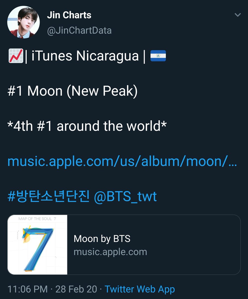 FEB. 28, 2020Moon charted #1 in 3 countries, MOLDOVA, SAUDI ARABIA, NICARAGUA. Moon has charted #1 in 4 countries this time so far.  #RecordBreakingMoon