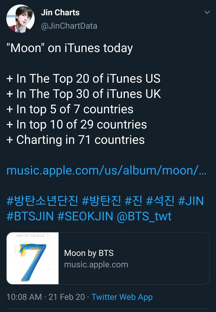 FEB. 21, 2020: Moon on iTunes was in the TOP 20 in US, TOP 30 in UK, TOP 5 of 7 countries, TOP 10 in 29 countries, and qas charting in 71 countries. It also charted #1 in Trinidad and Tobago, its FIRST #1.  #RecordBreakingMoon